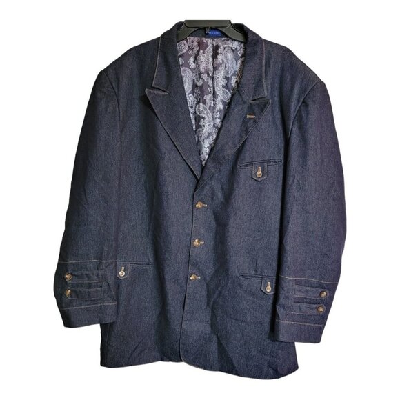 BLU MARTINI Mens Blue Paisley Denim Look Event Jacket Smoking Size 48L Blazer - Picture 1 of 15